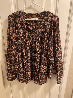 LOFT XL Top Button Front Floral Blouse Long Sleeve Shirt